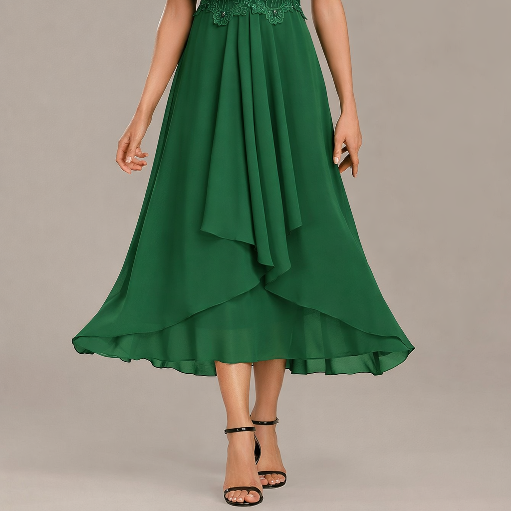 Dress : Luna Champagne Sleeved Round-Neck Dress in Dark Green van Paper Favor