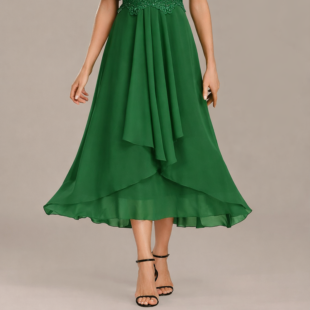 Women > Dresses > Midi : Women's Sophie Navy Lace Short-Sleeve Dress with Round Neck in Green van Paper Favor