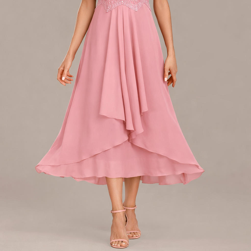 Women > Dresses > Midi : Women's Sophie Navy Lace Short-Sleeve Dress with Round Neck in Pink van Paper Favor