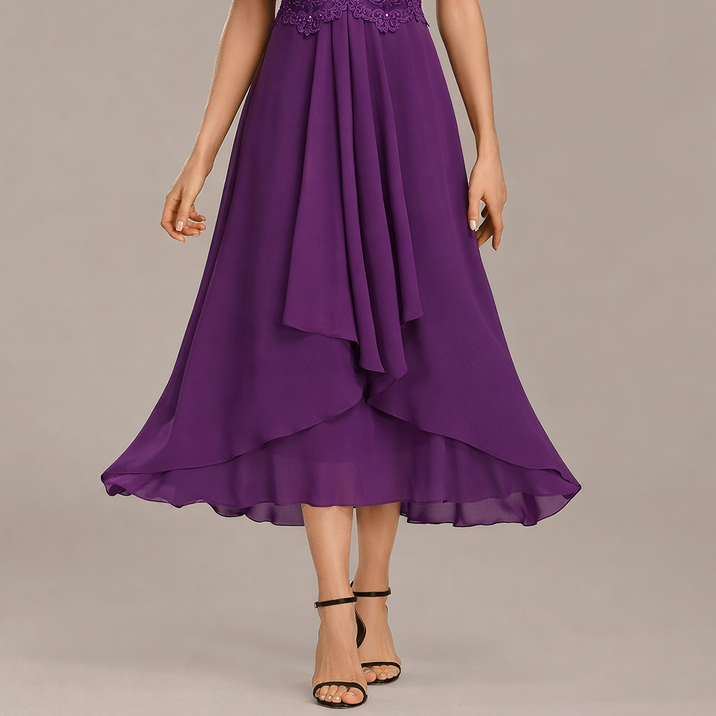 Women > Dresses > Midi : Women's Sophie Navy Lace Short-Sleeve Dress with Round Neck in Purple van Paper Favor
