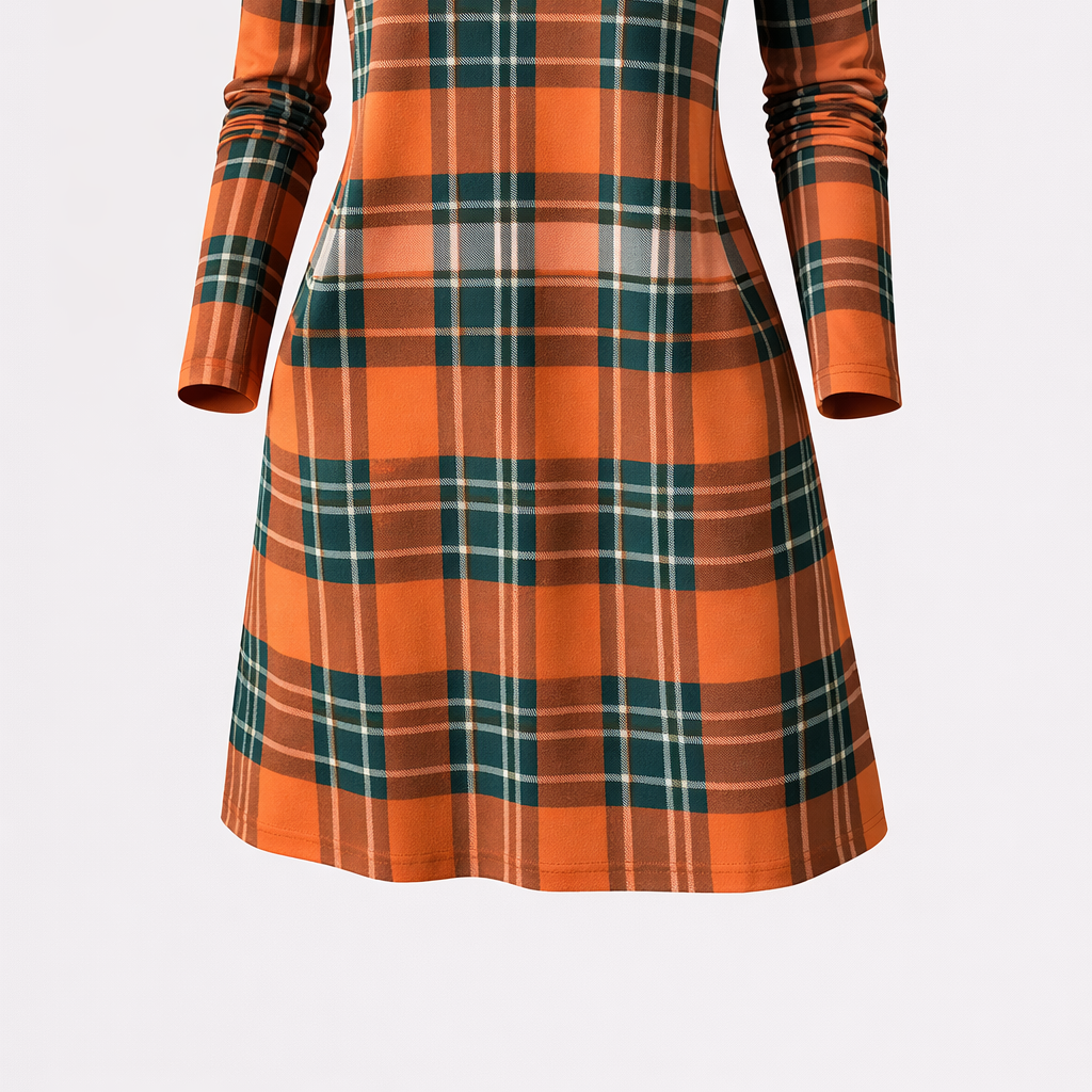 Therese | Women’s Plaid Long Sleeve Shift Dress – Lightweight Stretch Polyester