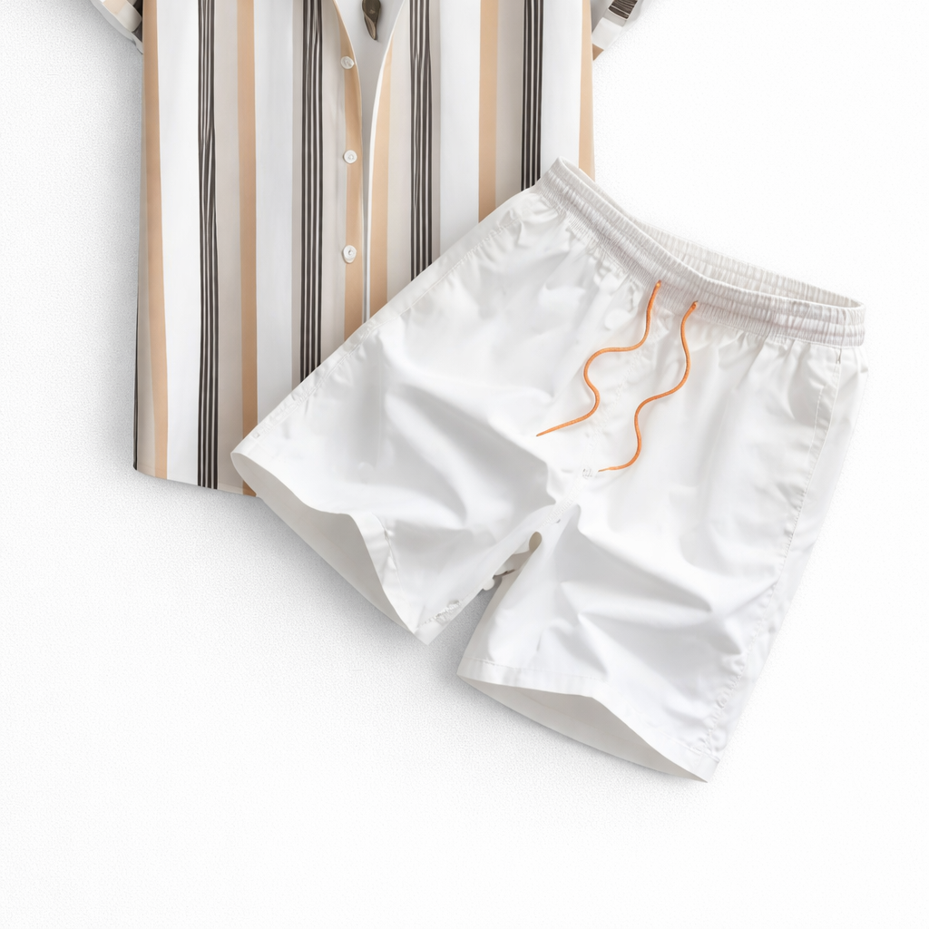 Stylish Striped Button-Up Shirt & Swim Shorts Set