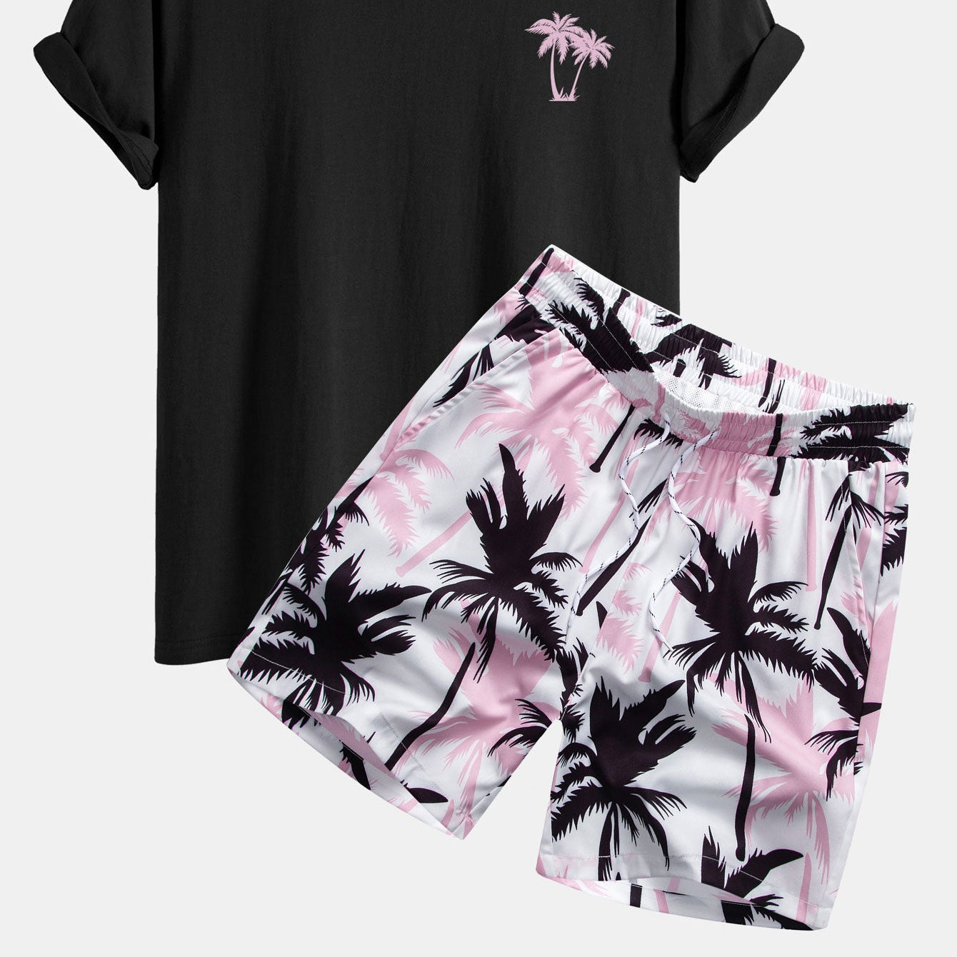 Men's Fit Palm Tree Print Tee & Matching Palm Tree Print Swim Shorts