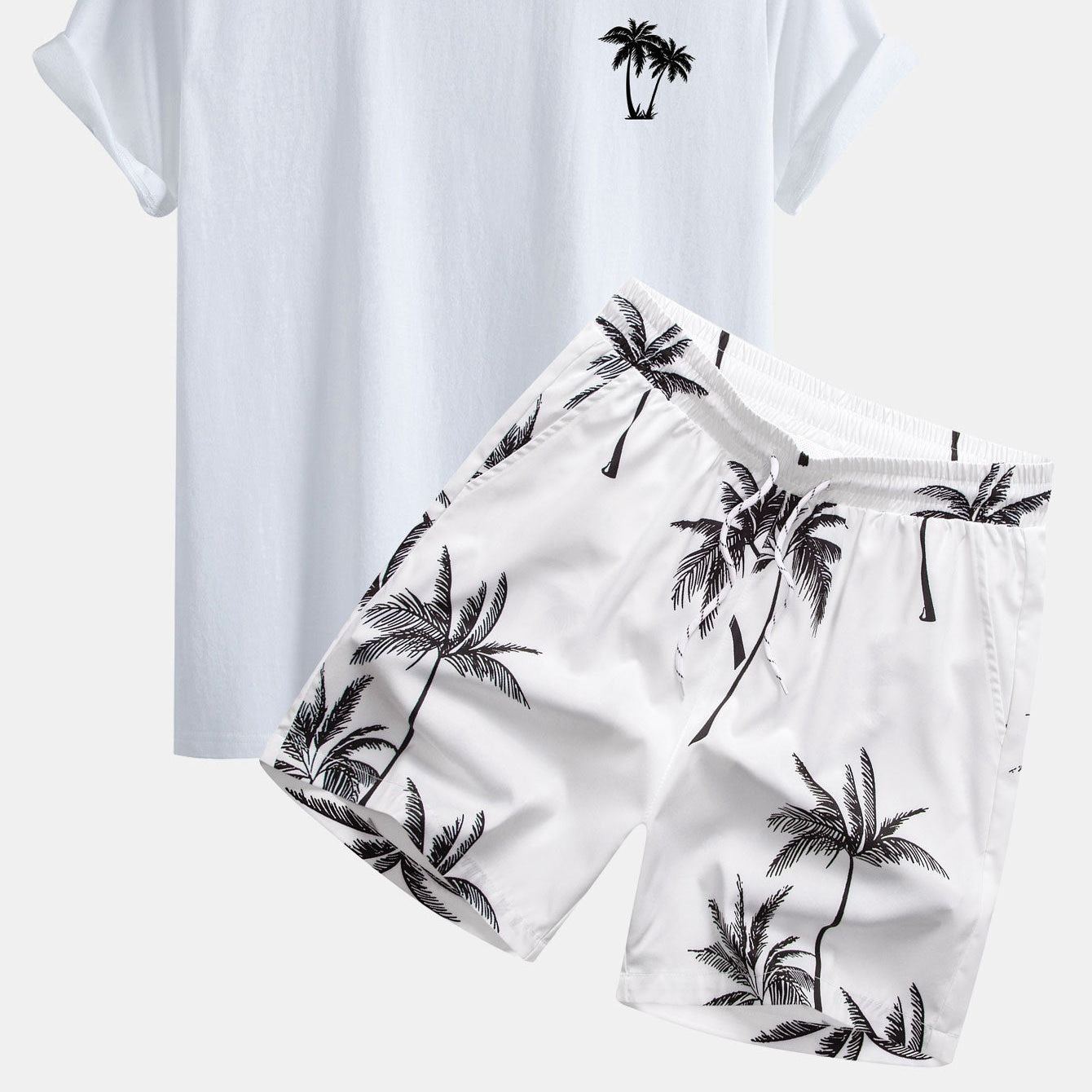 Men's Fit Palm Tree Print Tee & Matching Palm Tree Print Swim Shorts