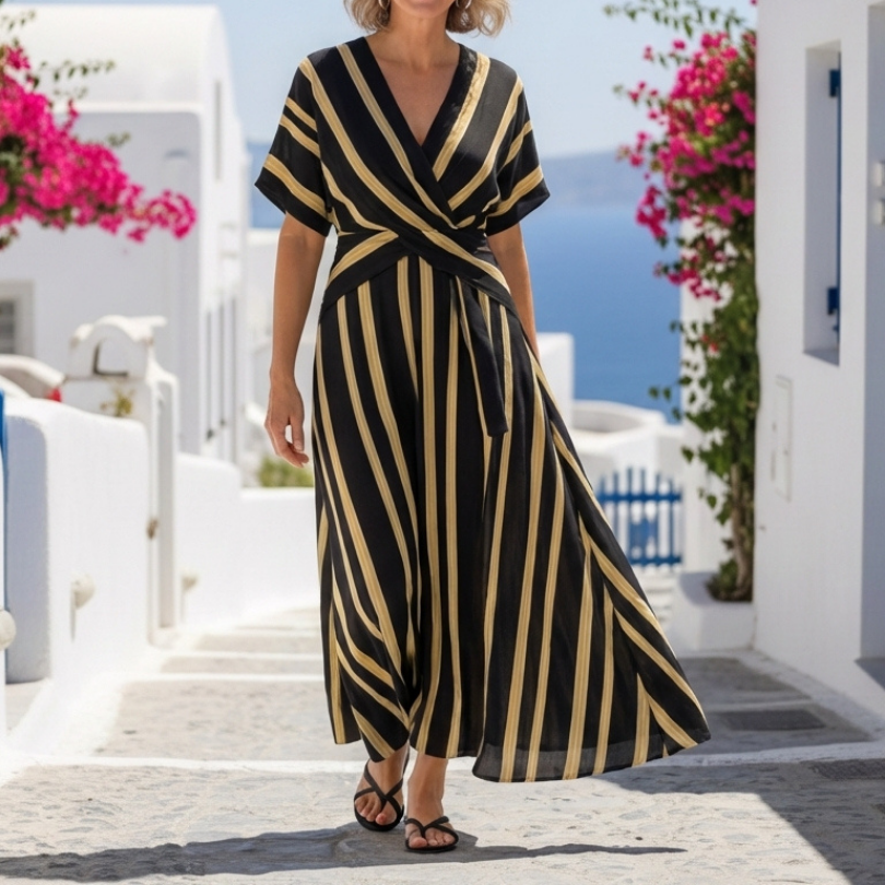 Lina | Short Sleeve V Neck Striped Wrap Midi Dress