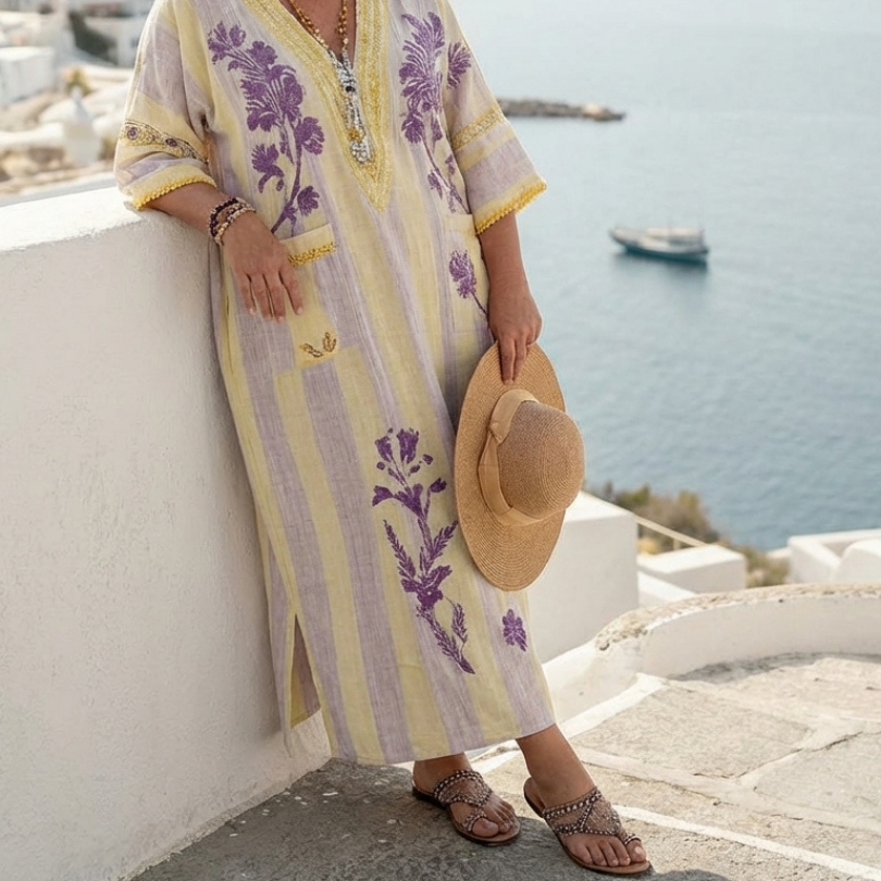 Aurelia | V Neck Half Sleeve Striped Floral Maxi Dress