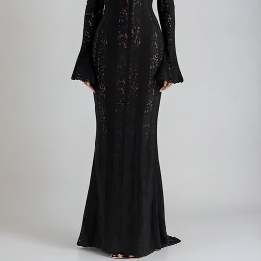 Women's Elegant Long Maxi Lace Dress with Off-the-Shoulder Design