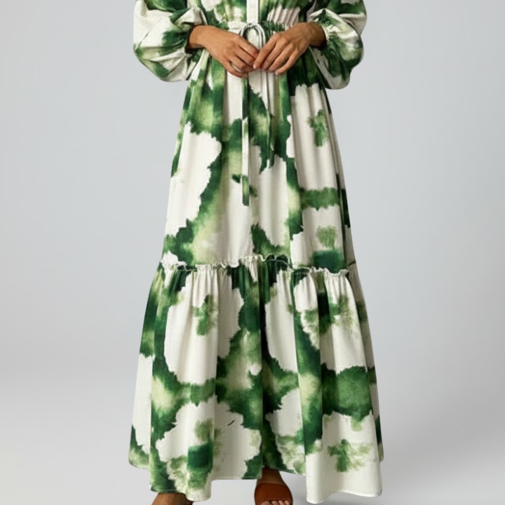 Women's Women’s Flowy Printed Maxi Dress with Long Sleeves and V-Neck