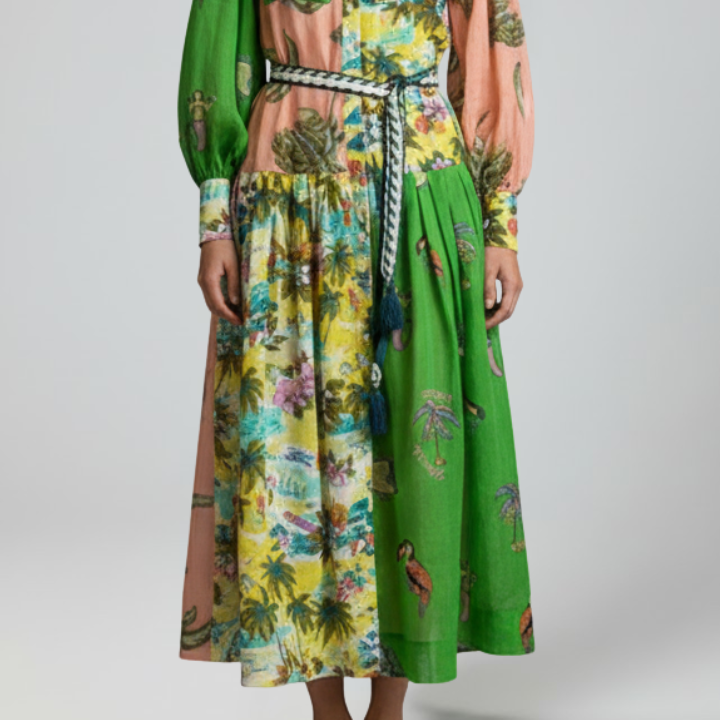 Women's Women’s Flowy Printed Maxi Dress with Long Sleeves and V-Neck