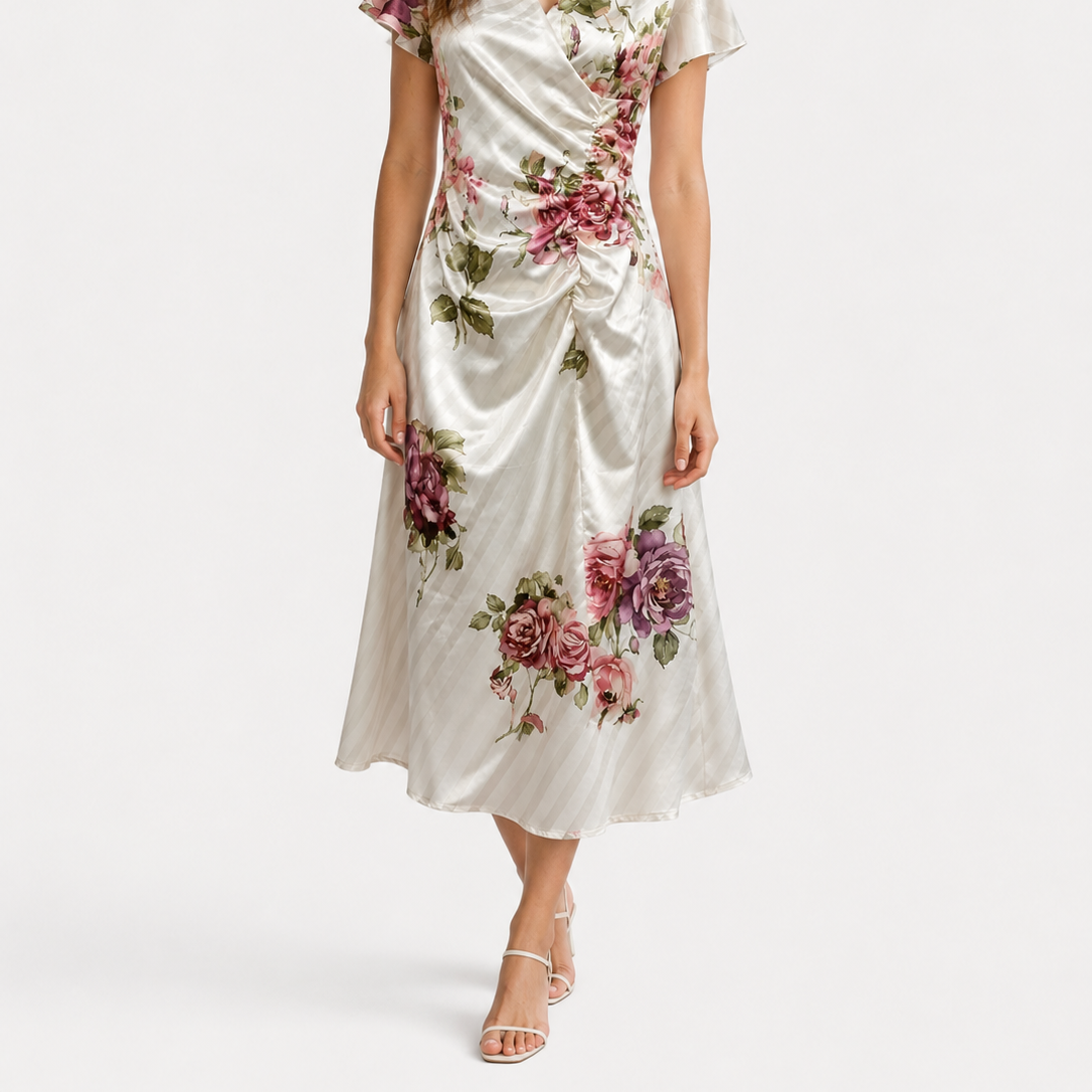 Women's Satin Floral-Print Ruched Midi Dress with Side Slit - Elegant