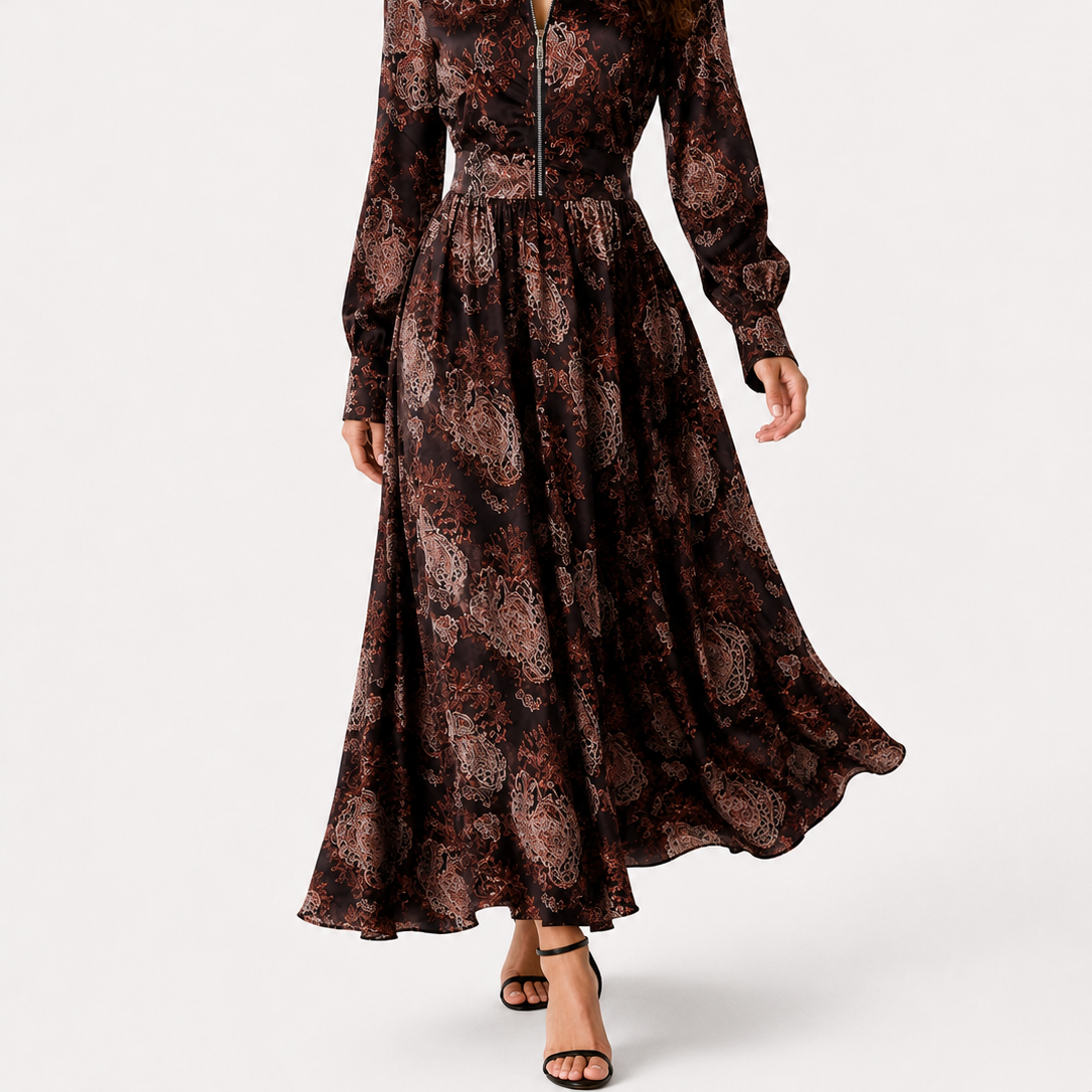 Women > Dresses > Maxi : Women's Elegant Vintage Maxi Dress with Paisley Pattern and Zipper in Dark Brown van Paper Favor