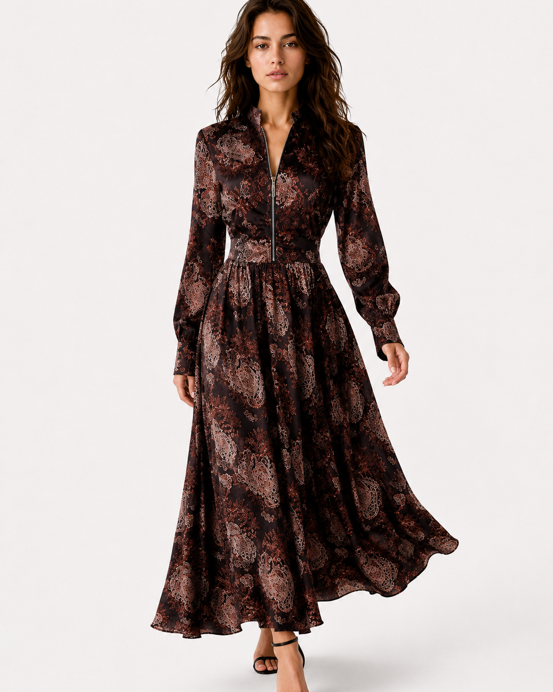 Women > Dresses > Maxi : Women's Elegant Vintage Maxi Dress with Paisley Pattern and Zipper in Dark Brown van Paper Favor