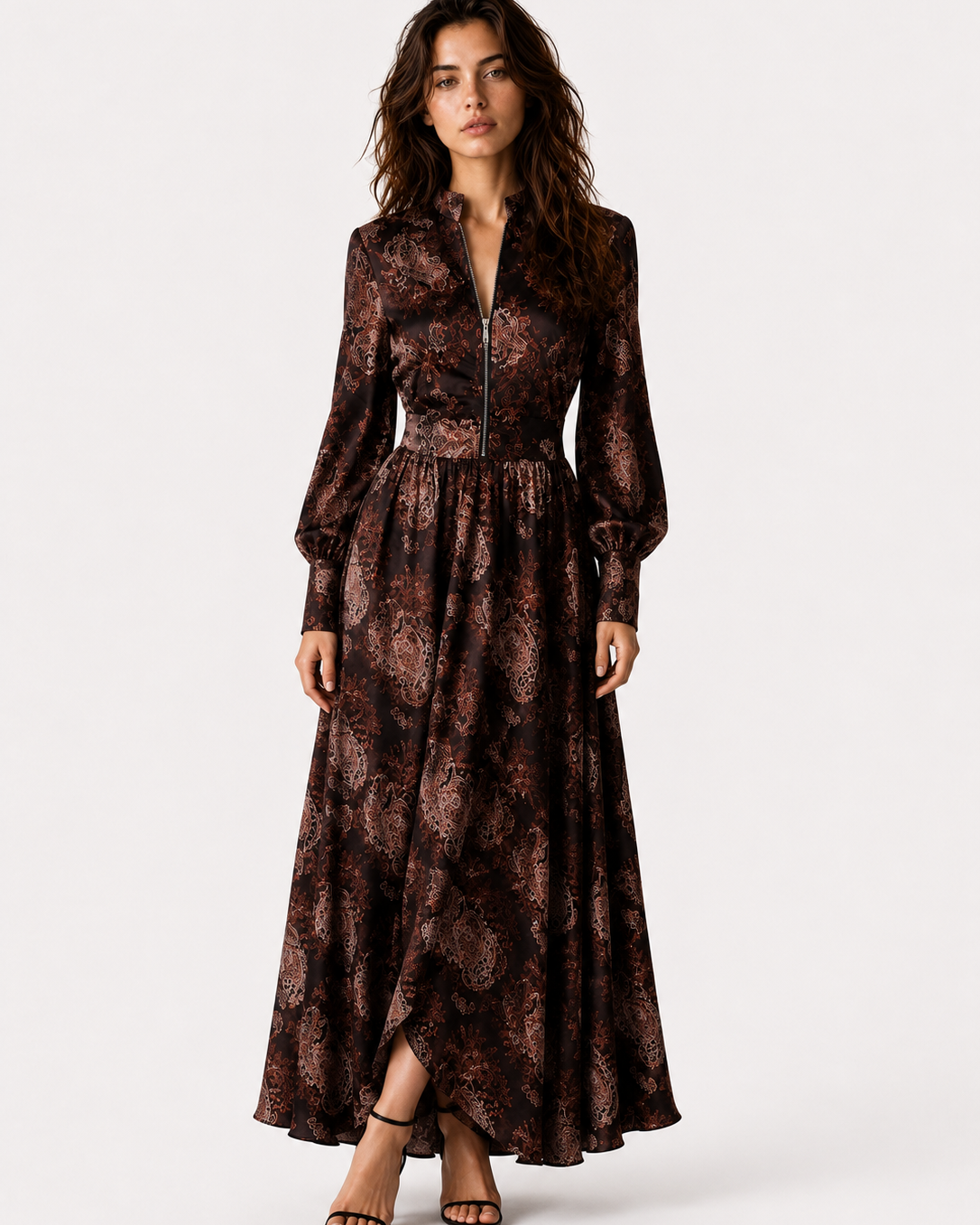 Women > Dresses > Maxi : Women's Elegant Vintage Maxi Dress with Paisley Pattern and Zipper in van Paper Favor