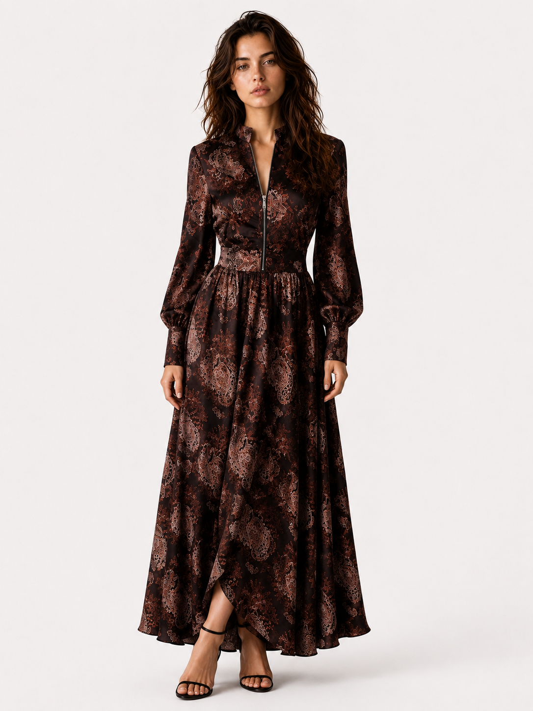 Women > Dresses > Maxi : Women's Elegant Vintage Maxi Dress with Paisley Pattern and Zipper in van Paper Favor