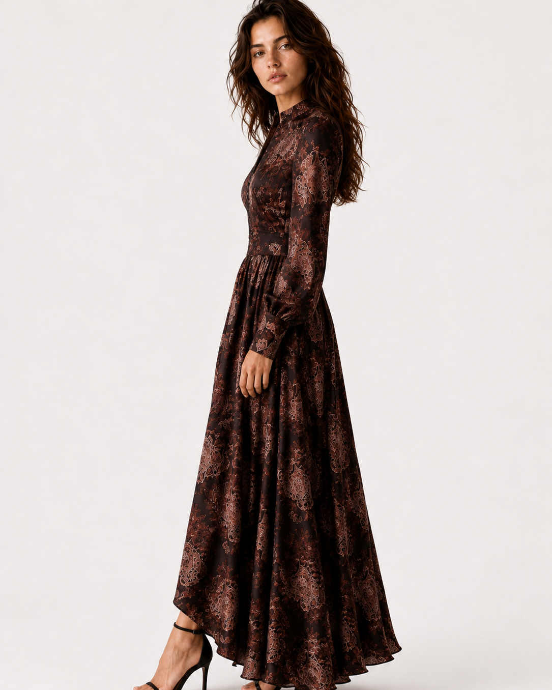 Women > Dresses > Maxi : Women's Elegant Vintage Maxi Dress with Paisley Pattern and Zipper in van Paper Favor