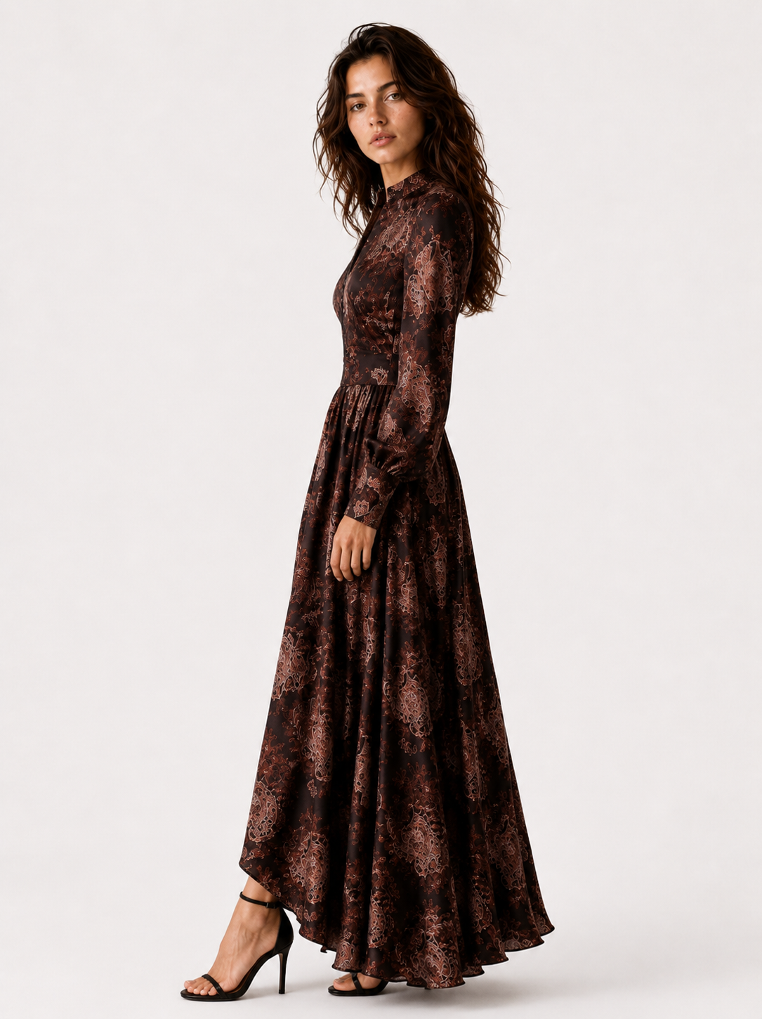 Women > Dresses > Maxi : Women's Elegant Vintage Maxi Dress with Paisley Pattern and Zipper in van Paper Favor
