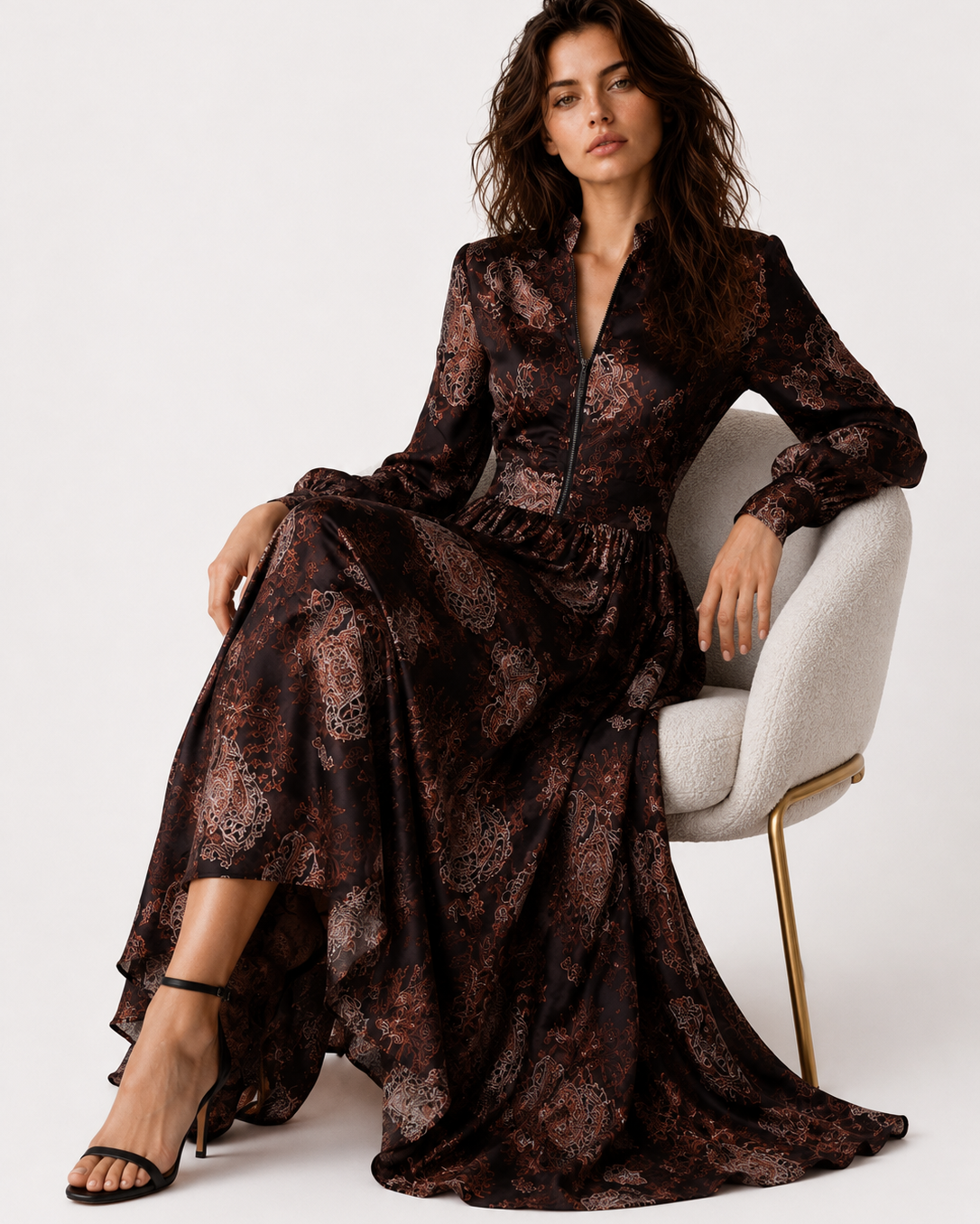 Women > Dresses > Maxi : Women's Elegant Vintage Maxi Dress with Paisley Pattern and Zipper in van Paper Favor
