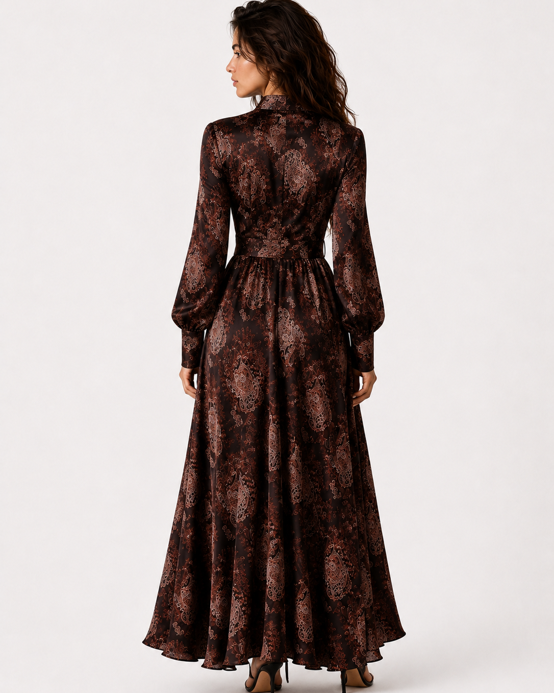 Women > Dresses > Maxi : Women's Elegant Vintage Maxi Dress with Paisley Pattern and Zipper in van Paper Favor