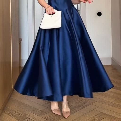 Women's Elegant Long Dress in Navy Blue with V-Neck Collar