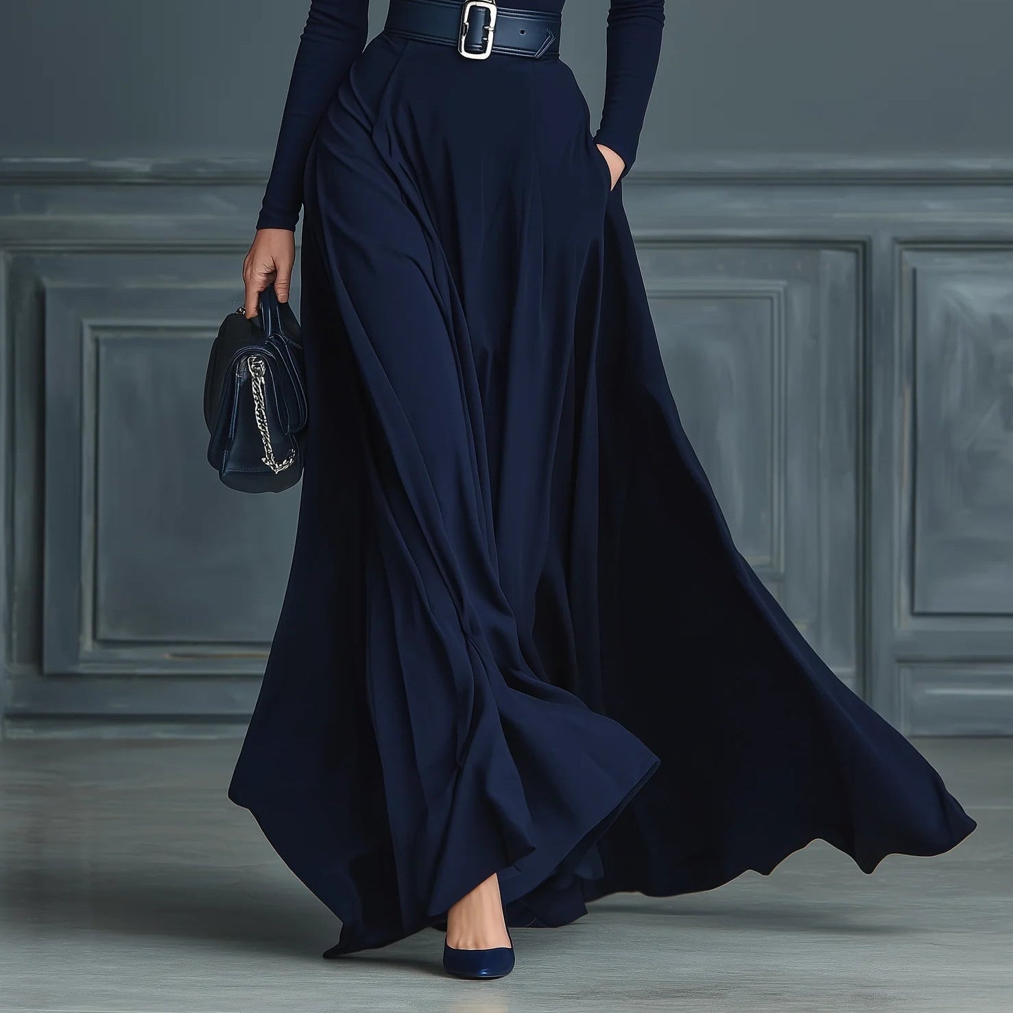 Women's Chic Dark Blue Knit Dress with Stand Collar