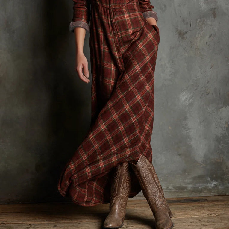 Women's Elegant Green Plaid Lapel Single-Breasted Shirt Dress for a