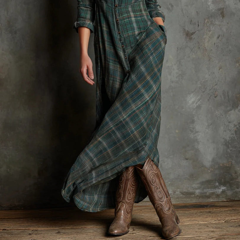 Women's Elegant Green Plaid Lapel Single-Breasted Shirt Dress for a
