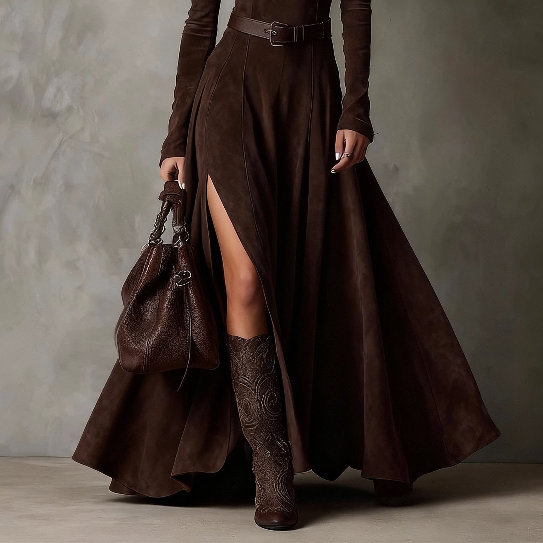 Women's Elegant Dark Brown Faux Leather Turtleneck Maxi Dress with