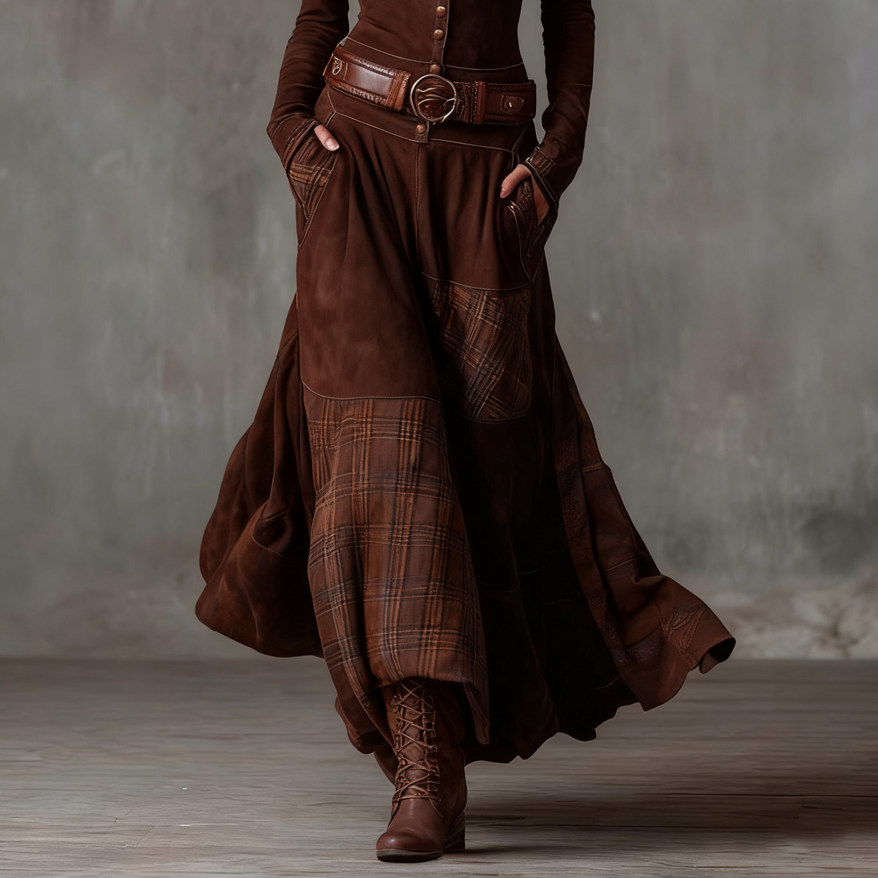 Women's Vintage Maxi Suede Dress with Plaid Navy Pattern and Belt for