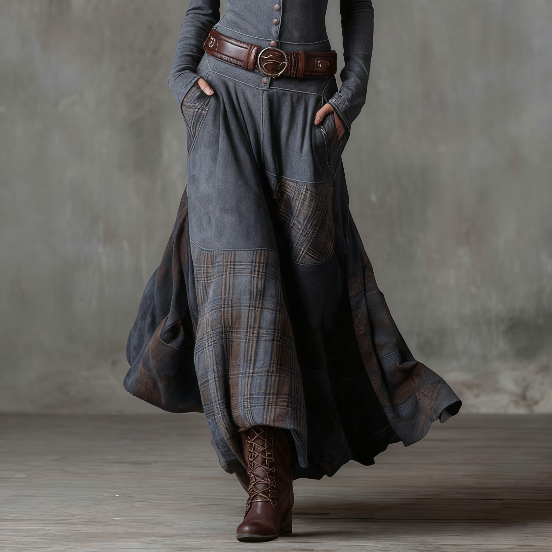 Women's Vintage Maxi Suede Dress with Plaid Navy Pattern and Belt for