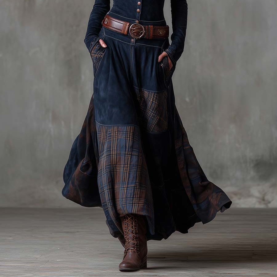 Women's Vintage Maxi Suede Dress with Plaid Navy Pattern and Belt for