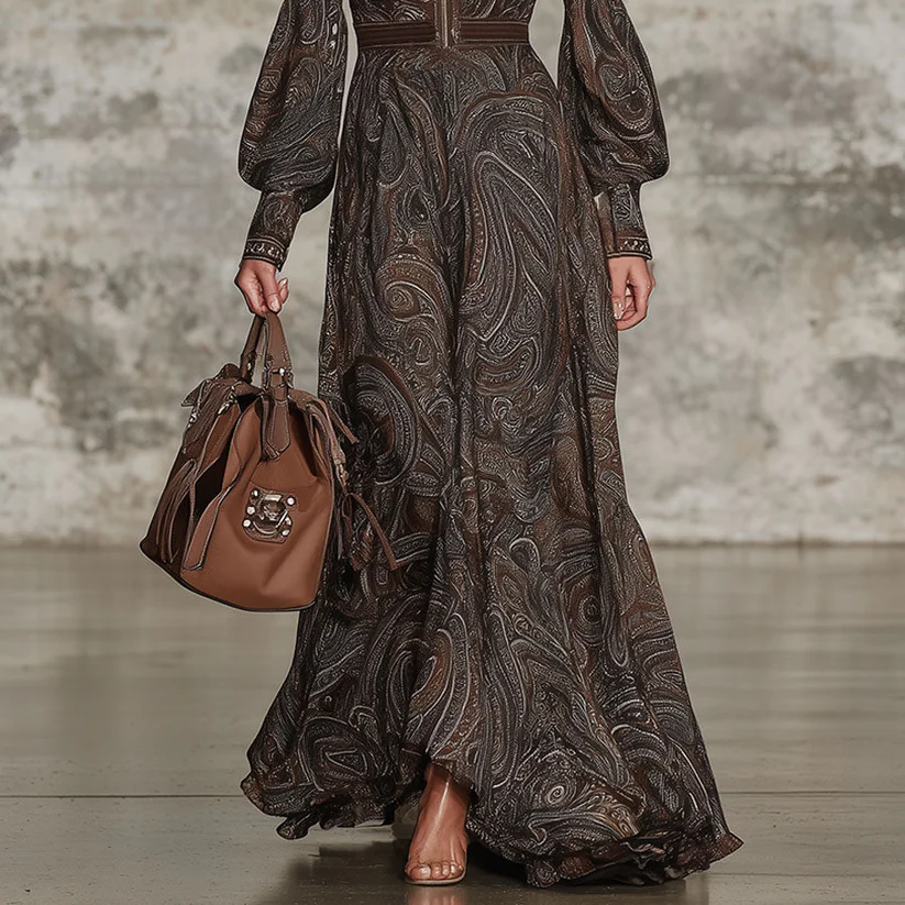 Women's Elegant Vintage Maxi Dress with Paisley Pattern and Zipper