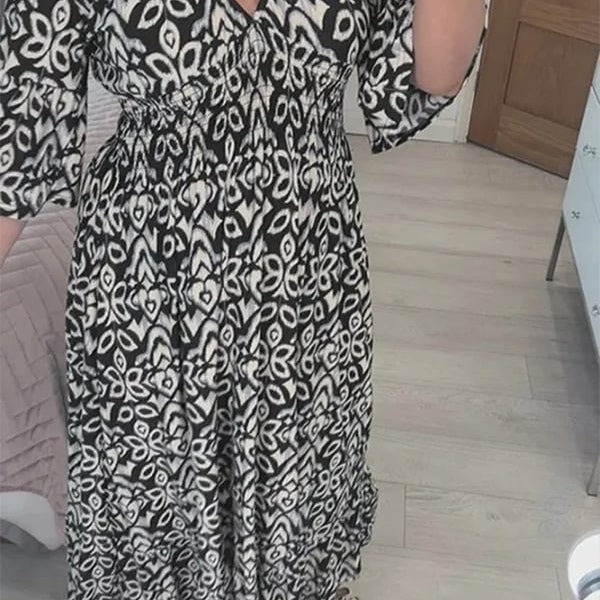 Women's Casual Bohemian Long Dress with Print, V-Neckline, and Waist