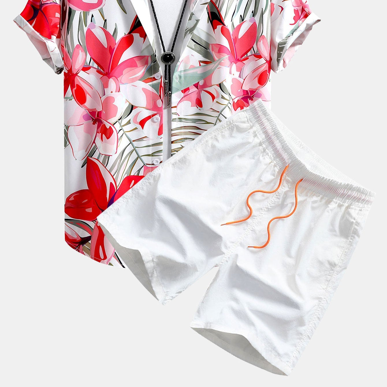 Men's Vibrant Floral Plant Print Button-Down Shirt and Swim Shorts Set