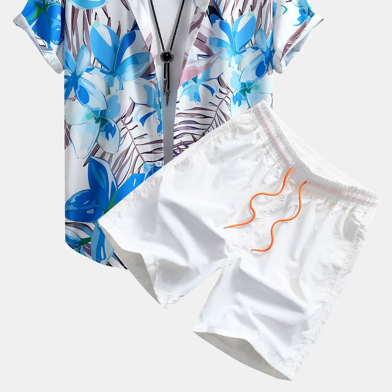 Men's Vibrant Floral Plant Print Button-Down Shirt and Swim Shorts Set