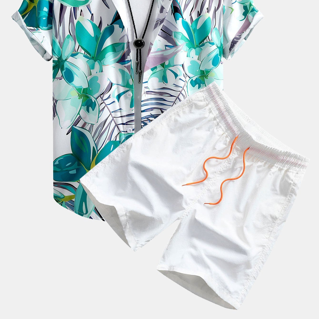 Men's Vibrant Floral Plant Print Button-Down Shirt and Swim Shorts Set