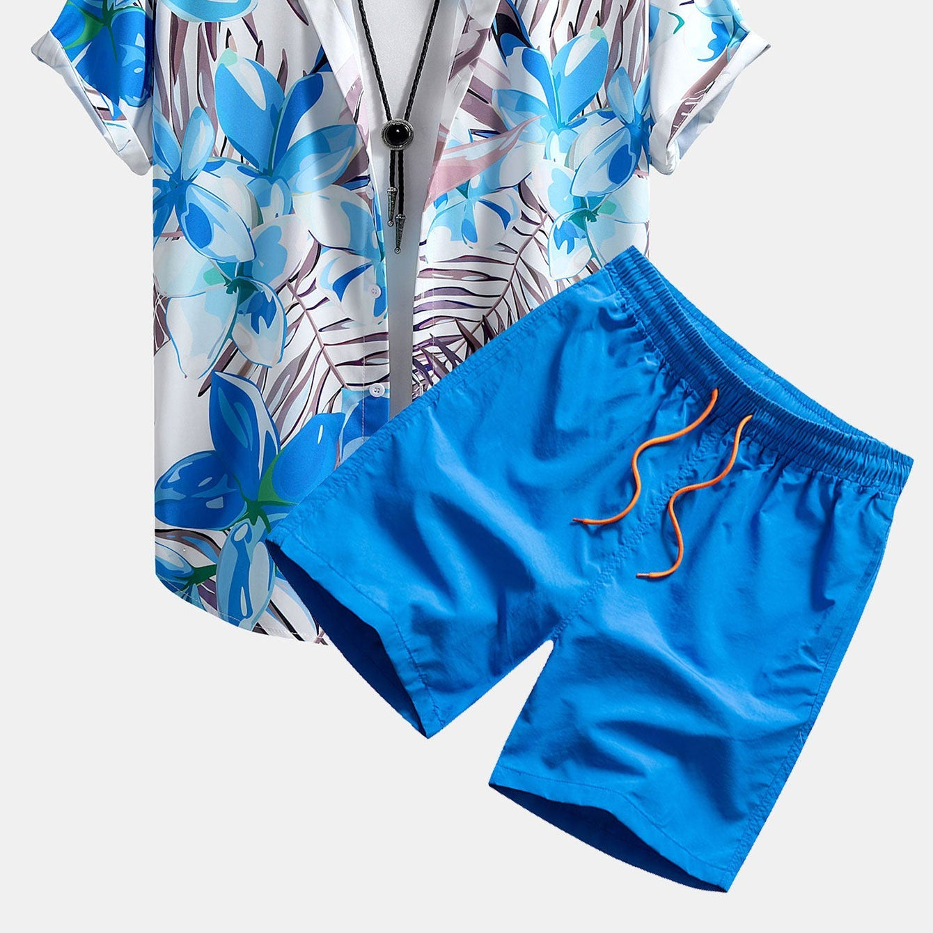 Men's Vibrant Floral Plant Print Button-Down Shirt and Swim Shorts Set