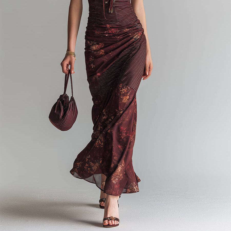 Women's Inspired Striped Floral Patchwork Suspender Maxi Dress