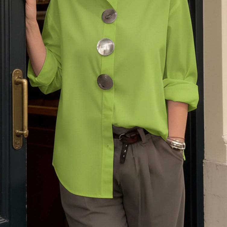 TOP : Rosaline™ | Statement Button Stand Collar Blouse in Green van Paper Favor