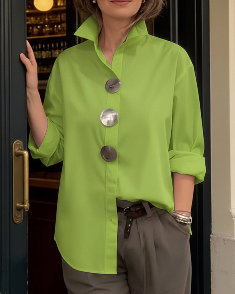 TOP : Rosaline™ | Statement Button Stand Collar Blouse in Green van Paper Favor