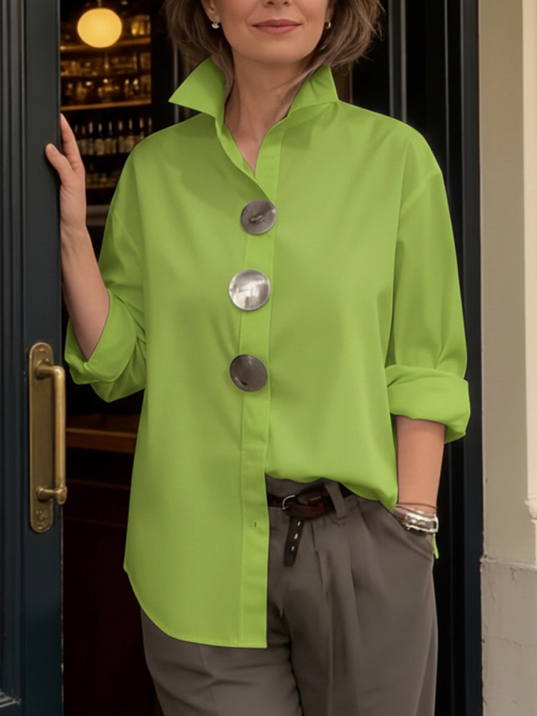 TOP : Rosaline™ | Statement Button Stand Collar Blouse in Green van Paper Favor