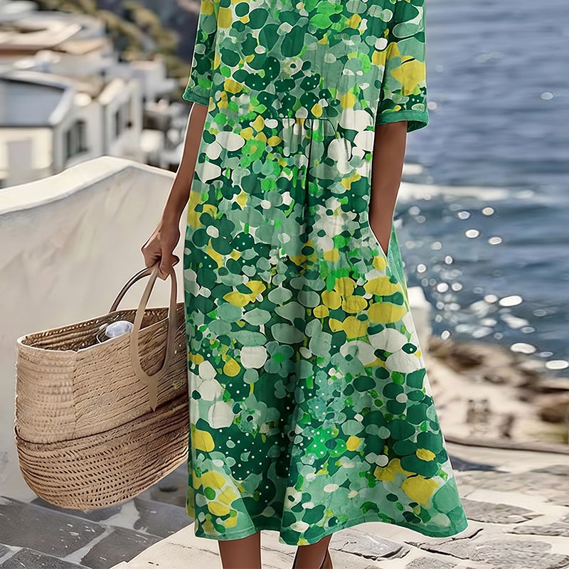 Dresses : ELENA™ - ELEGANT FLORAL SUMMER MIDI DRESS in Green van Paper Favor