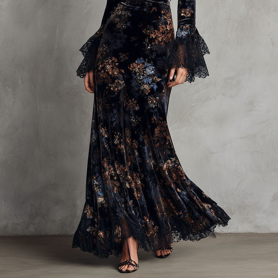 Women's Elegant Midnight Floral Velvet Flowing Gown with Delicate