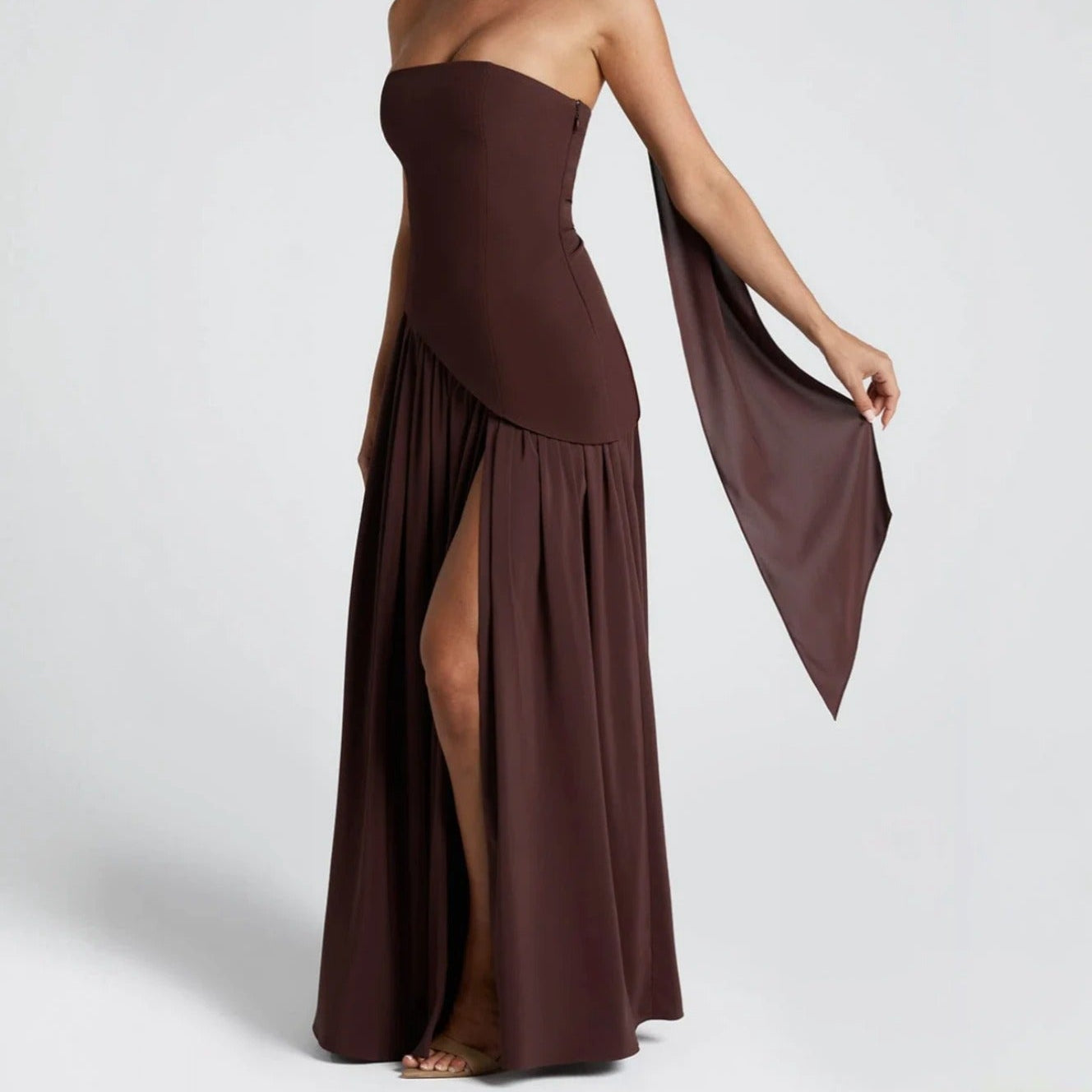 Women > Dresses > Maxi : Women's Effortless Chic Slit Maxi Dress in Brown van Paper Favor