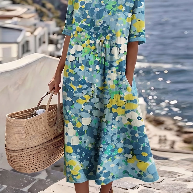 Dresses : ELENA™ - ELEGANT FLORAL SUMMER MIDI DRESS in Blue van Paper Favor