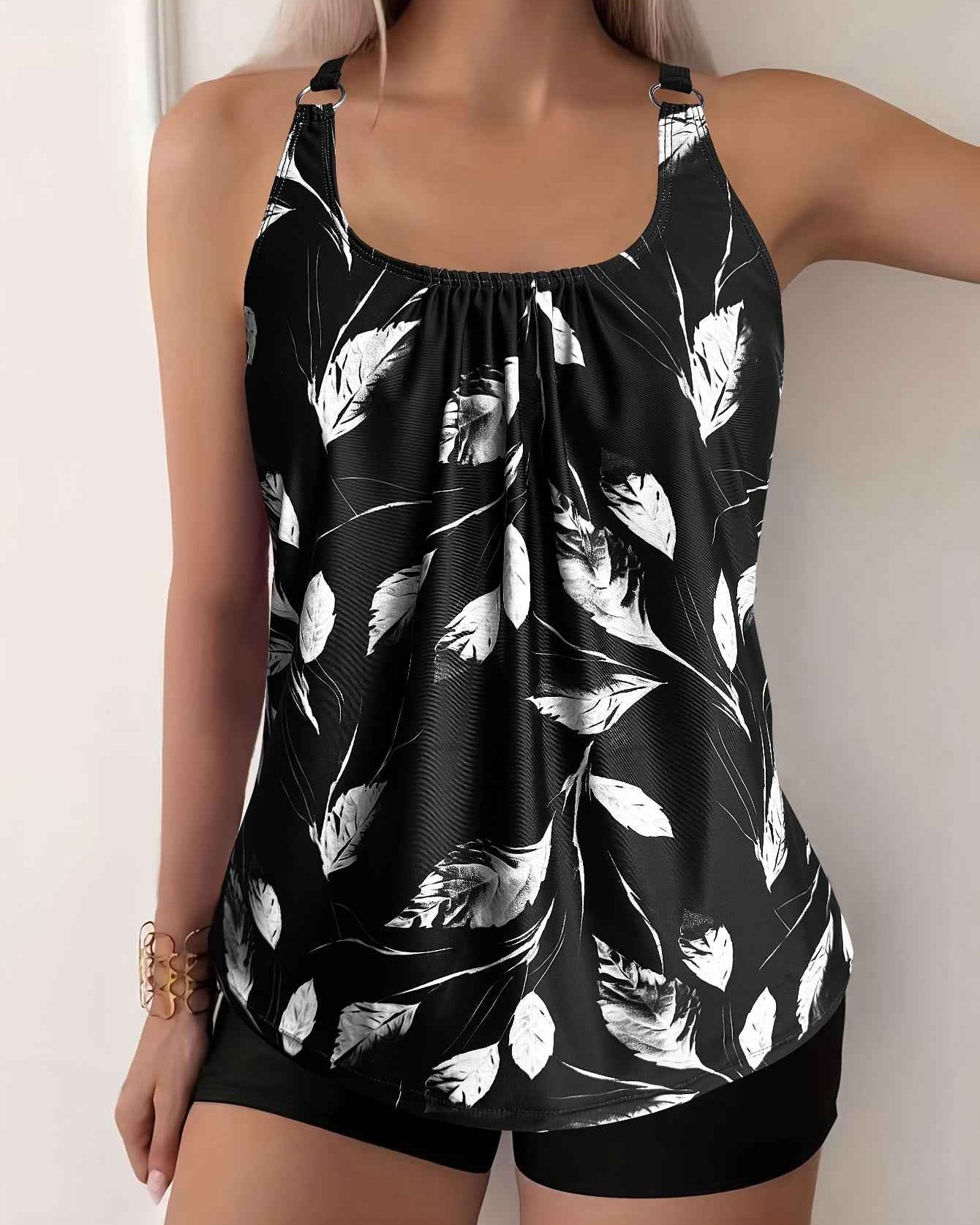 Elise | Elegantes Schwarz-Weiß-Blattmuster-Tankini-Set