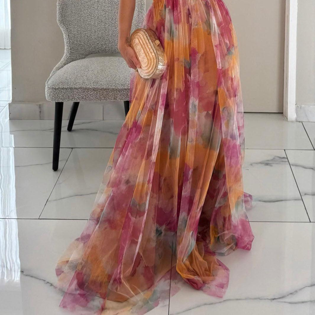 Women's Elegant Dress with Painted Floral Print and V-neck