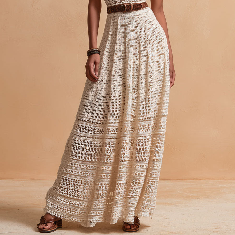 Women's Chic Ivory Crochet Halter Maxi Dress with Matching Waist Belt