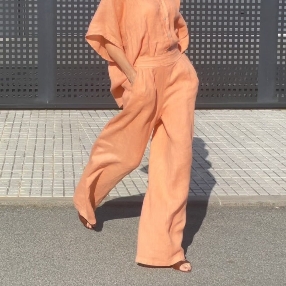 Women > Two-Piece Sets : Women's Zoe Set: Relaxed Oversized Shirt with Flowy Wide-Leg Pants in Orange van Paper Favor