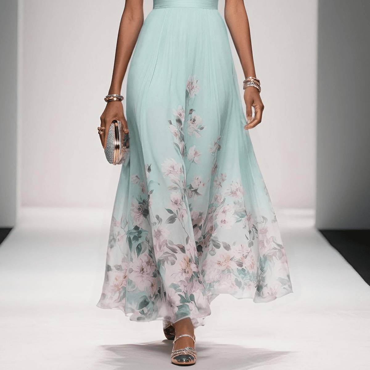 Elegant Light Blue Floral Chiffon V-Neck Sleeveless A-Line Maxi Dress