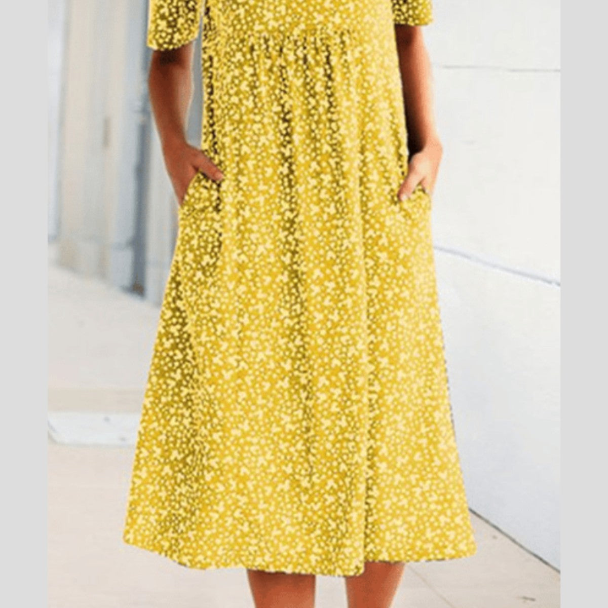 Women > Dresses > Midi : Women's Elegant Floral Print Midi Dress for Effortless Style in Yellow van Paper Favor